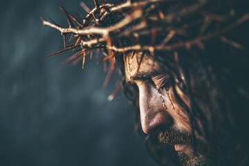 Divine Sacrifice: A powerful portrayal of Jesus Christ in pain with the crown of thorns, a symbol of the Christian belief in sacrifice, redemption, and the miraculous resurrection celebrated during th