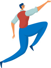 Young adult male in motion, running pose, dressed casually with glasses. Dynamic movement, active lifestyle concept. Energetic youth rushing forward vector illustration.
