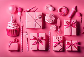 Collection of pink birthday party objects in a gift box - Powered by Adobe