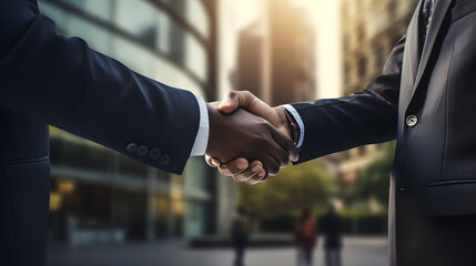 Business handshake between two African American businessmen, team success, collaboration, black professionals, partnership. Business concept