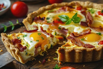 Lorraine Elegance: Savor the Delight of Quiche Lorraine, a Savory Tart with a Butter Crust, Filled with Eggs, Cream, Bacon, and Swiss Cheese - A Culinary Masterpiece.