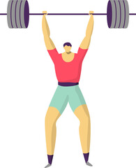 Fototapeta na wymiar Strong male weightlifter lifting heavy barbell overhead. Strength training and muscle building vector illustration