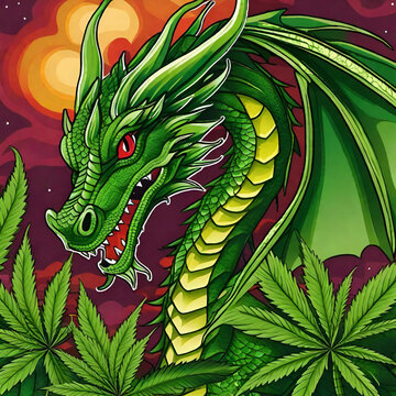 Green dragon with orange artistic sun in background and cannabis leaves below