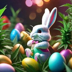 Cute Easter bunny in cannabis patch