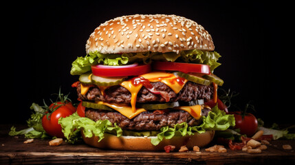 Hamburger. Double Meatball Hamburger. Hamburger with lots of sauce. great fast food - obrazy, fototapety, plakaty