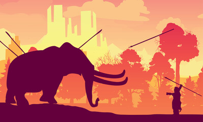 Mammoth. Silhouette of a mammoth with a primitive man. Wild prehistoric nature