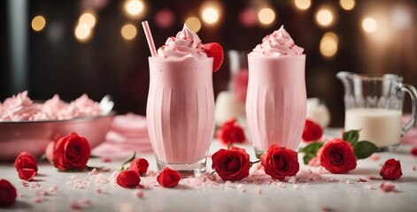 candle and flower fruit, strawberry, drink, glass, food, milk, dessert, cocktail, smoothie, milkshake, yogurt, berry, beverage, fresh, white, raspberry, sweet, red, 
