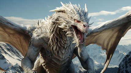 Fantasy dragon stands on the top of the mountain. A huge dangerous animal with large, sharp wings.