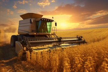 Obraz premium Combine harvester in a soybean field harvesting soybeans at sunset