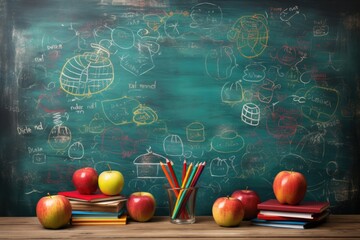 School education with apples and wooden table top, books and some school supplies - obrazy, fototapety, plakaty