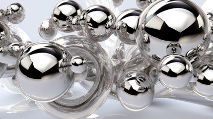 Reflective, mirror-like sculpture of huge blending balls, white background. 3D concept design illustration.