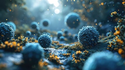 Coronavirus cells, virus under a microscope - obrazy, fototapety, plakaty