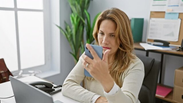 A contemplative woman interacts with her smartphone in a modern office setting, highlighting themes of professionalism and connectivity.