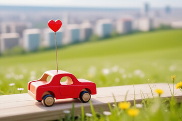 Scene of a wooden toy car with a red heart on the roof, resting on a spring meadow, blurred background of a metropolis landscape - Valentine's day