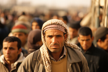 Fototapeta premium A man stands out in a crowded gathering of Palestinian refugees.