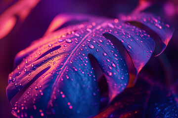 water drop on leaf with purple light - obrazy, fototapety, plakaty