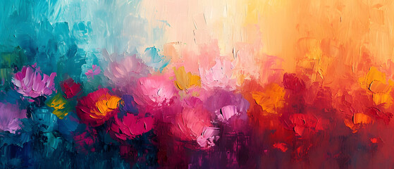 A vibrant explosion of magenta flowers burst from an abstract acrylic canvas, evoking a sense of modern art and childlike wonder in this colorful painting - obrazy, fototapety, plakaty