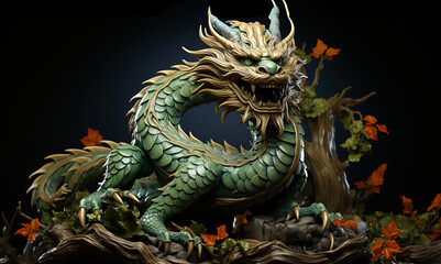 Green dragon, symbol of Chinese New Year 2024. Isolated on black background.