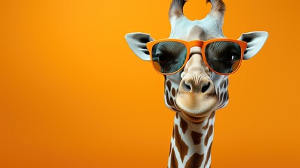 Giraffe wearing a eyeglasses on solid background.