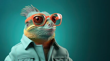 Close-up colorful cartoon a chameleon wearing sunglasses on a dark aqua background