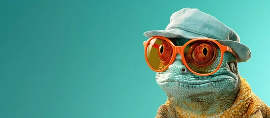 Foto op Canvas Close-up colorful cartoon a chameleon wearing sunglasses on a dark aqua background © Mas