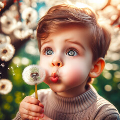 a little boy with big eyes blows on a dandelion on background of a blurred bokeh of a blooming garden. ai generative