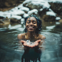 Fototapeta premium Winter Wellness: Young Woman Soaking in a Hot Spring Amidst Snowy Landscape - A Serene Retreat, Harmonizing Cold and Warmth in Nature's Embrace - Generative AI