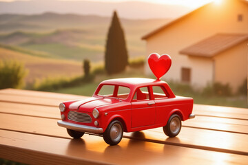 Scene of a wooden toy car with a red heart on the roof, resting on a wooden table, blurred background of an Italian countryside - Valentine's day
