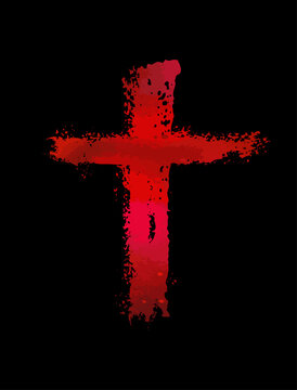 Red religious cross on a black background. bloody cross, hand drawing. Not AI. Vector illustration