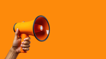 Hand man holding megaphone on orange background. Marketing and sales concept. - obrazy, fototapety, plakaty