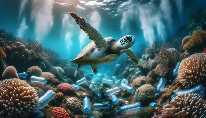 Sea turtle swimming in ocean full of plastic bottles, marine pollution concept, environment, animals and wildlife background