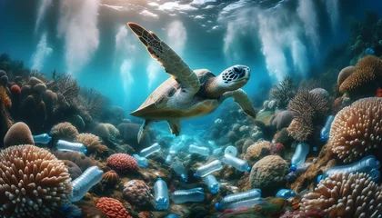 Fotobehang Sea turtle swimming in ocean full of plastic bottles, marine pollution concept, environment, animals and wildlife background © Karlo