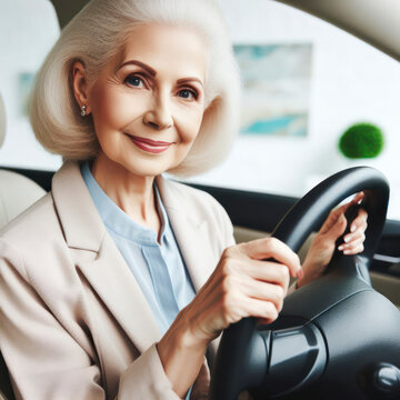 Photo portrait of lovely senior lady hold steering wheel driving lesson. ai generative