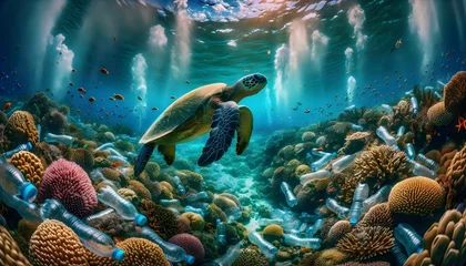 Sierkussen Sea turtle swimming in ocean full of plastic bottles, marine pollution concept, environment, animals and wildlife background © Karlo