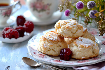 Scones - Popular in the United Kingdom, scones are lightly sweetened baked goods, similar to a bread roll, often served with clotted cream and jam - obrazy, fototapety, plakaty