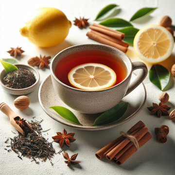 A cup of tea with lemon on white solid background. ai generative