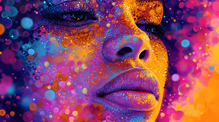 A vibrant and captivating portrait of a woman, adorned with a kaleidoscope of colorful dots, evoking a sense of artistic wonder and the beauty of individuality