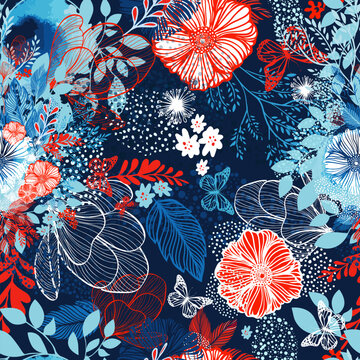 Seamless floral background blue and red color. hand drawing. Not AI, Vector illustration