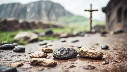 Close-up of some rocks with a crucifixion scene in the background.  The Calvary of Jesus Christ. Rainy Good Friday. Concept of Holy Week.