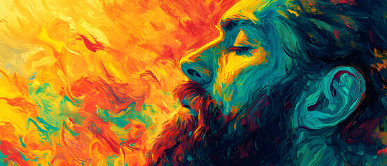 An abstract masterpiece captures the rugged charm of a bearded man, crafted with vibrant acrylic strokes and intricate detailing
