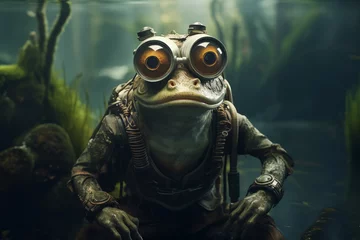 Foto op Canvas Portrait of an anthropomorphic frog in swimming goggles and a scuba suit at the bottom of a pond. Fantasy character. © Татьяна Евдокимова