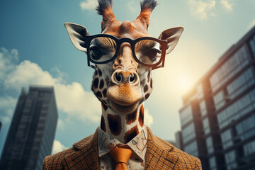 Portrait of funny giraffe wearing glasses and orange tie on the background of skyscrapers. Anthropomorphic animal character - obrazy, fototapety, plakaty