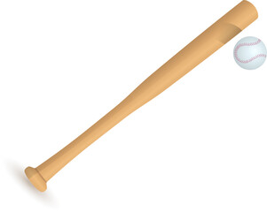Wooden baseball bat with ball on white background. Realistic sports equipment for game vector illustration.