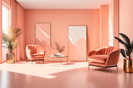 Picture an oasis of modern luxury in a Generative AI representation presenting a Peach Fuzz Room. Witness the super