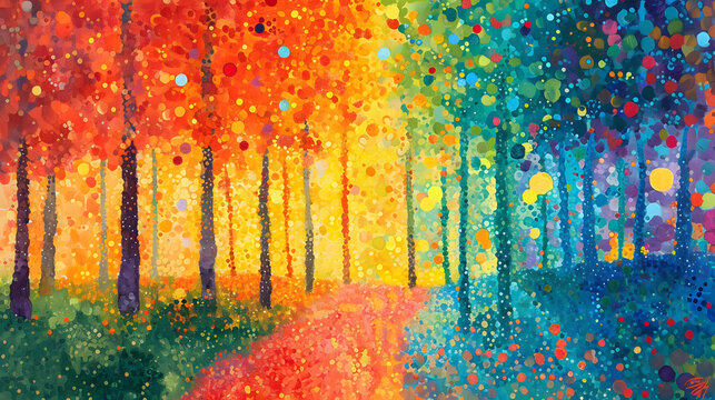A vibrant journey through a whimsical forest captured in a modern abstract painting, adorned with playful brushstrokes of colorful acrylic paint by a child artist