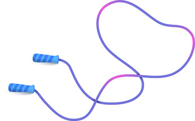 Blue striped jump rope with purple handles lying on a white background. Fitness equipment for cardiovascular exercise, gym workout. Vector illustration.