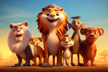 Illustration of lion family in the savannah. Anthropomorphic animal character
