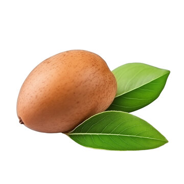 fresh organic sapodilla cut in half sliced with leaves isolated on white background with clipping path