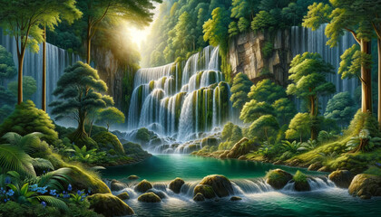 Fototapeta premium A scenic view of a waterfall in a lush forest, with a hidden cave behind it. Fantasy concept , Illustration painting