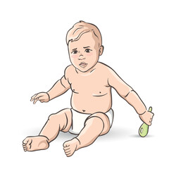 Sitting baby with rattle on white background